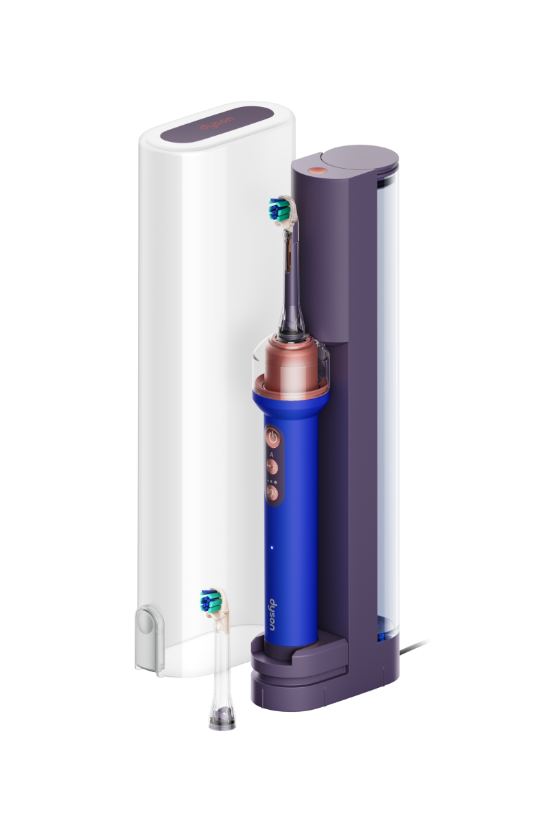 Dyson CameraJet toothbrush in its dock, Ceramic Ultra Blue